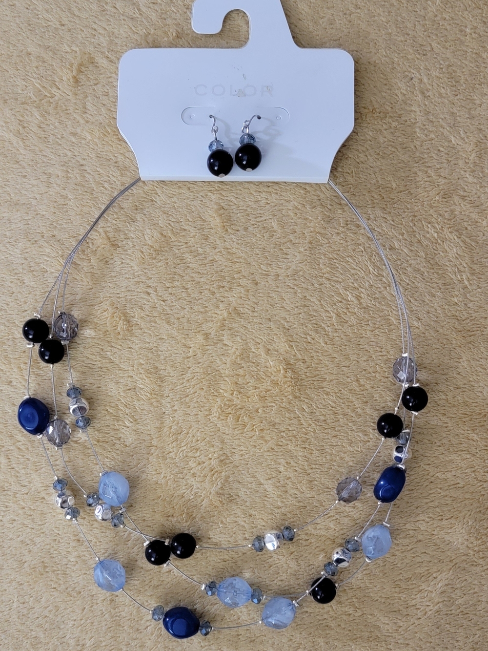 BRAND NEW Triple-Strand Blue & Black Beaded Necklace Set with Matching Earrings